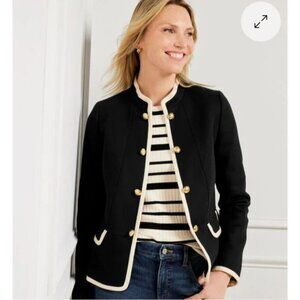 Talbots Blazer Womens 14 Black Military Stretch White Trim Preppy Jacket